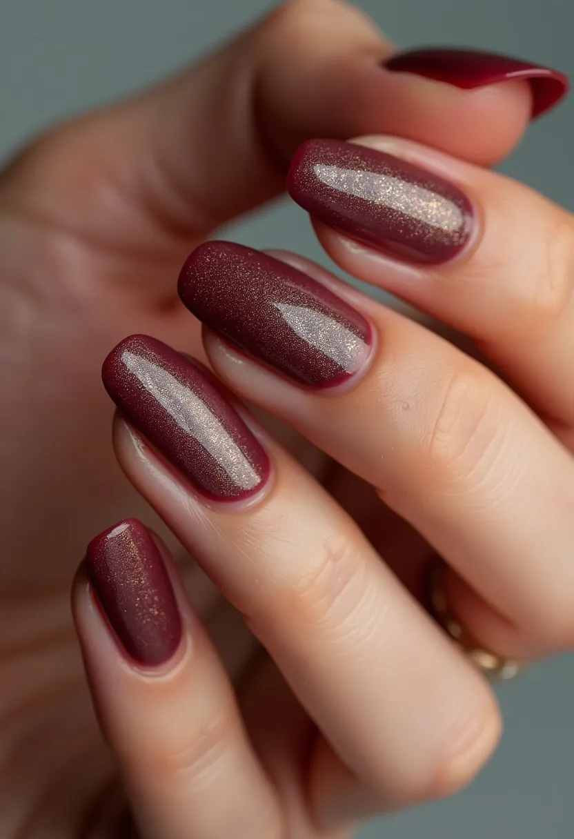 The nail design showcases a luxurious burgundy color palette with a shimmering metallic finish that adds a touch of sophistication. The nails are of medium length and have a classic oval shape. The design features a uniform application of color with a subtle gradient effect, where the shimmer is more concentrated towards the center of the nails, giving a luminous depth to the overall look. This glossy, reflective finish suggests the use of a gel or shellac nail treatment. The deep, rich hue and elegant shimmer make this design perfect for the fall season or special events, adding a touch of glamour and refinement to any outfit.