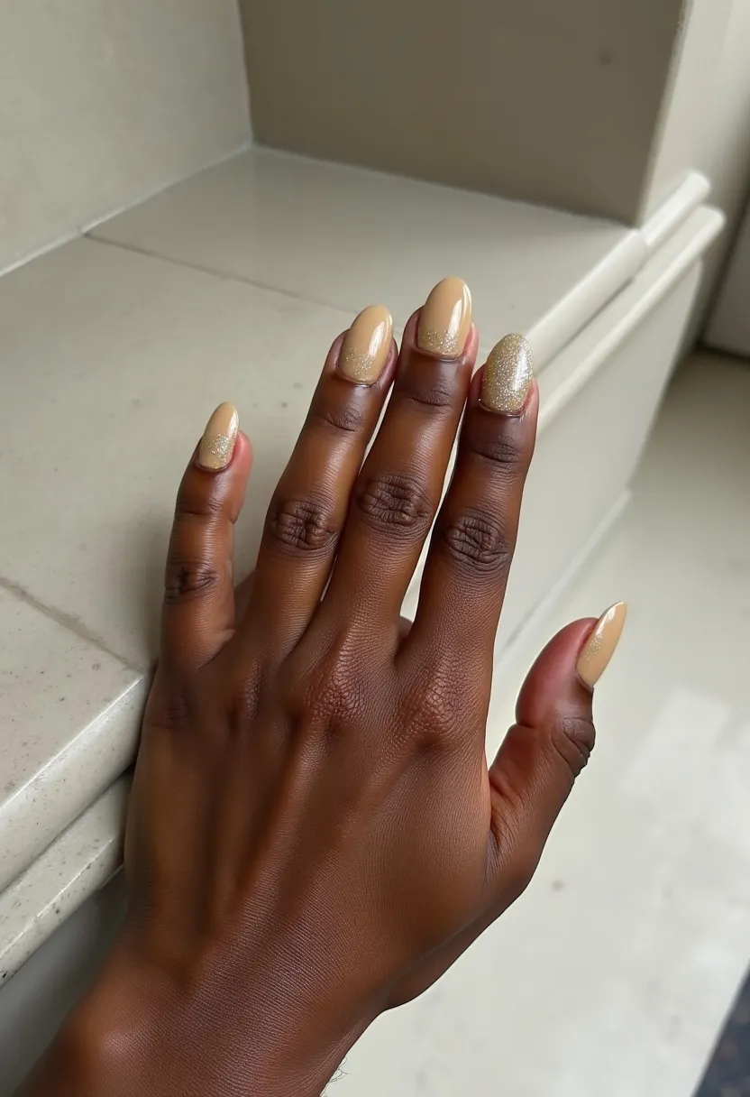 The nail design showcases a sophisticated and understated aesthetic, featuring a color palette of soft beige and glittery gold. The nails are elegantly shaped in a short almond style, providing a classic and refined look. The majority of the nails are painted in a smooth, glossy beige, while an accent nail on each hand is adorned with a glittery gold finish, offering a subtle yet eye-catching contrast. The overall design suggests a gel or shellac treatment for its smooth and polished appearance. This manicure is versatile, making it suitable for both everyday wear and special occasions, including weddings or formal events, and it can be worn throughout various seasons due to its neutral and chic color scheme.