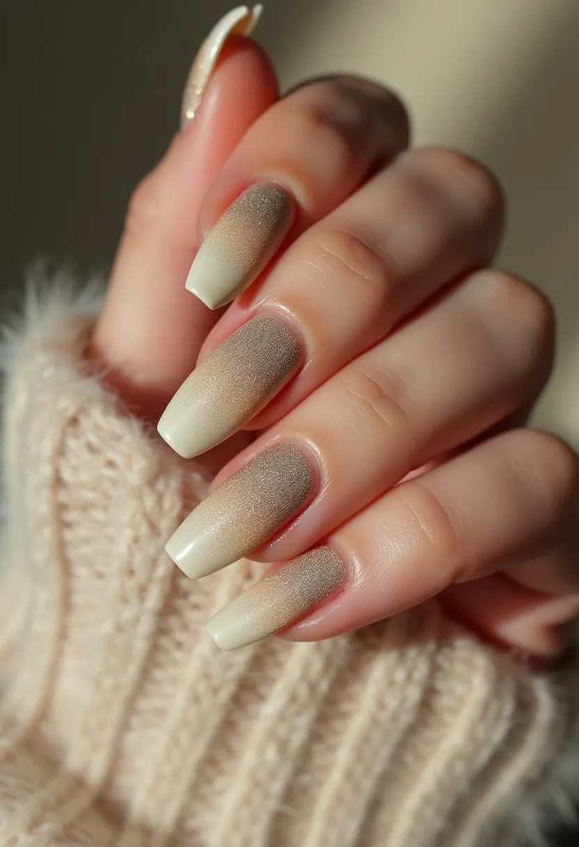 The nail design features a sophisticated ombré effect that transitions from a soft, shimmery taupe at the cuticle to a creamy beige at the tips. The nails are shaped in a medium-length coffin style, providing a sleek and modern appearance. The gradient effect is smooth and well-blended, giving a subtle, elegant look that is perfect for a seasonal theme, possibly autumn due to the use of warm, neutral tones. The nails appear to be finished with a gel polish, ensuring a glossy and durable effect. The overall design is understated yet refined, suitable for both casual and formal occasions.