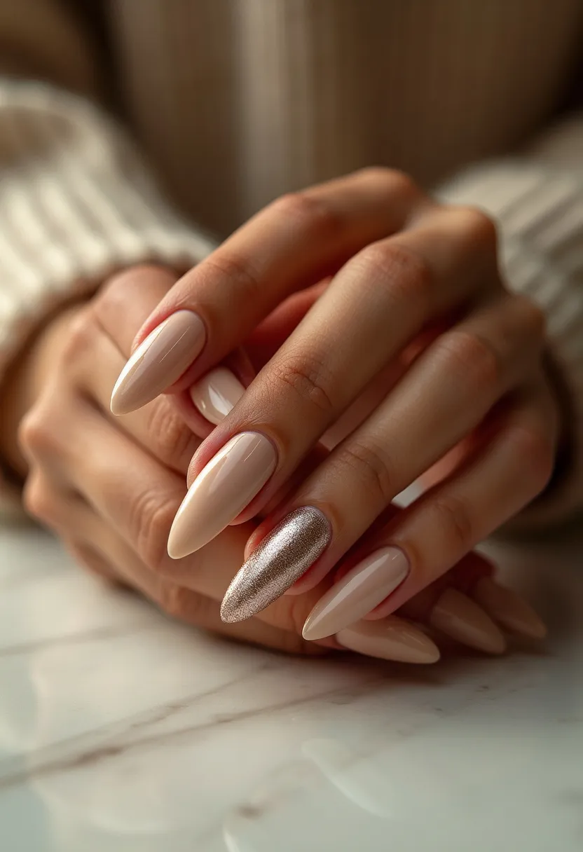 The nail design features a chic and minimalist color palette of nude tones, with a single accent nail on each hand in a shimmering metallic silver. The nails are almond-shaped, offering a balanced and elegant look. The chosen polishes appear to be of gel type, providing a glossy, durable finish suitable for longer wear. The accent nails add a touch of glamour and sophistication, making the overall design versatile for both everyday wear and special occasions. This combination of nude and metallic hues works particularly well for a winter or holiday season theme, adding subtle sparkle and festivity without being overly flashy.