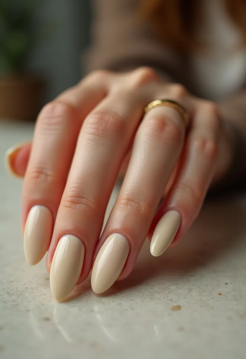 The nail design showcases a sophisticated and elegant appearance, with nails shaped into a pointed almond form. The color palette is a uniform, creamy nude shade, offering a clean and classic look. The nails display a glossy finish, suggesting that a gel or shellac treatment has been applied to achieve the polished look. There are no intricate patterns or decorations, maintaining a minimalist aesthetic. The simplicity and neutral tone make this design versatile, suitable for various occasions from everyday wear to special events, and also align well with seasonal themes such as spring or summer for its fresh and understated elegance.