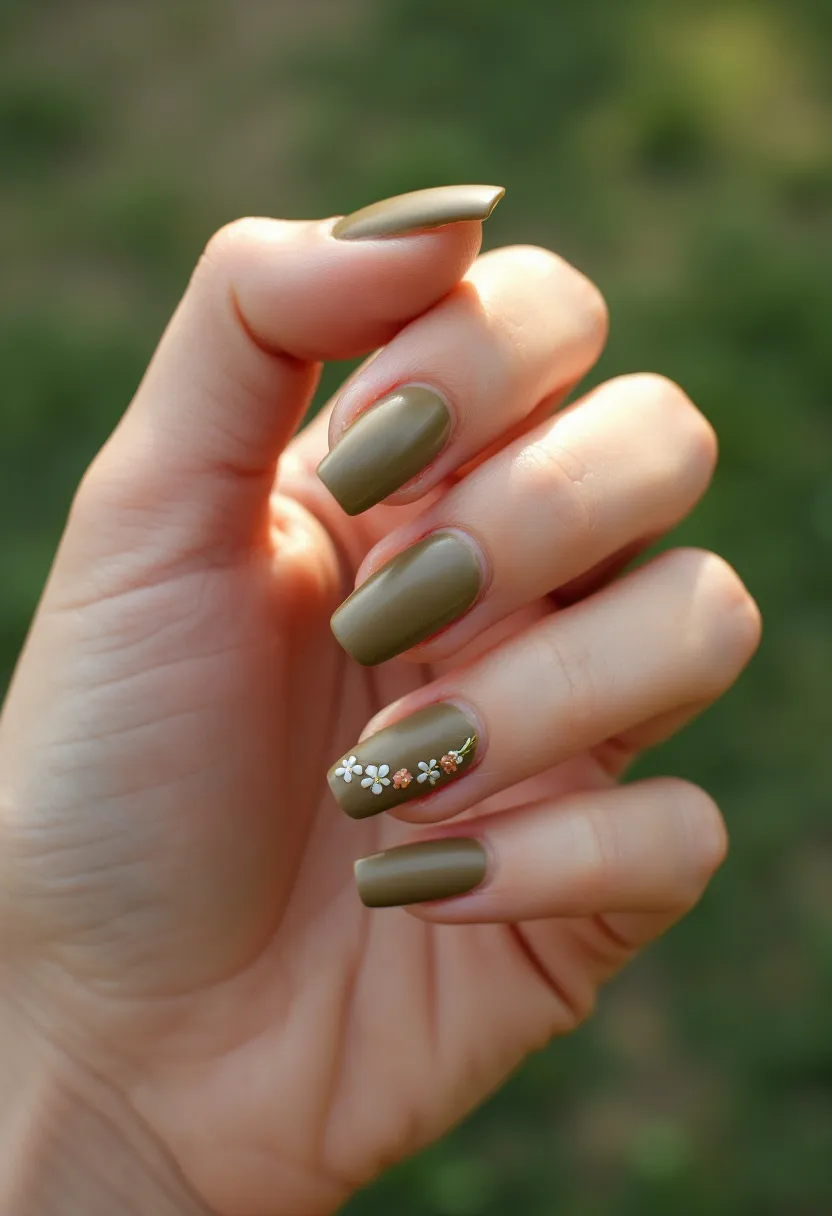 The nail design showcases a muted olive green color palette that exudes a sophisticated yet earthy aesthetic. The nails are shaped in a medium length with a rounded square tip, providing a contemporary look. A charming floral pattern embellishes one nail, featuring small white and peach-colored flowers accentuated with a delicate green stem. This intricate pattern adds a touch of femininity and detail to the design. The smooth, glossy finish suggests a gel polish treatment, ensuring a durable and lustrous appearance. The overall design conveys a subtle elegance suitable for the spring season, celebrating nature's renewal with its floral motif and natural hues.