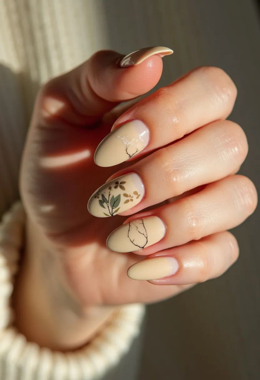 The nail design features an almond shape with a sophisticated, neutral color palette dominated by a soft beige base. The nails exhibit intricate patterns with nature-inspired details; delicate floral designs and minimalistic, black-lined leaves accentuate the overall elegance. Some nails showcase a subtle marble effect, adding depth and dimension. The finish appears smooth and glossy, indicative of gel nail treatment, providing a durable and sleek appearance. This design is subtle yet chic, suitable for any season, including special events such as weddings or formal gatherings, offering a timeless and versatile aesthetic.