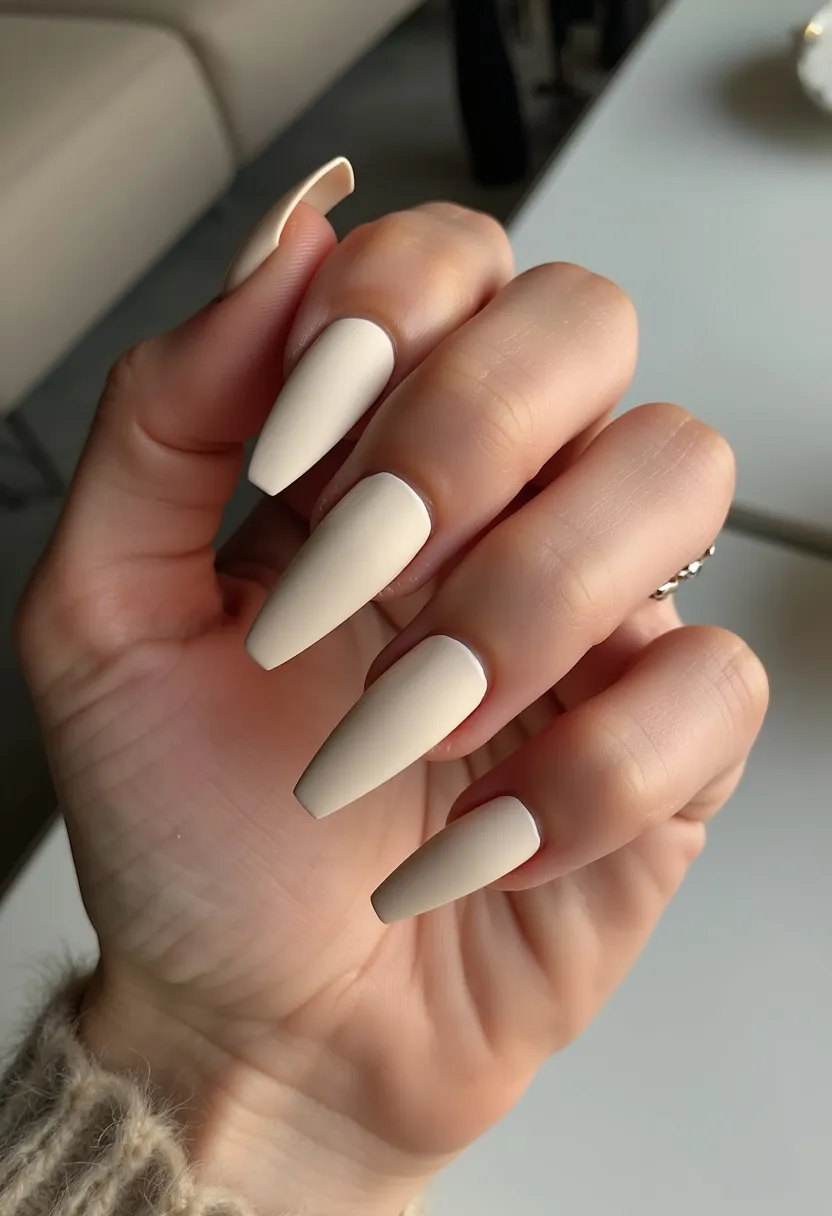 The nail design showcases elegantly shaped, long coffin nails adorned with a smooth, matte finish in a nude beige color palette. The uniform color across all nails emphasizes simplicity and sophistication, giving a clean and polished appearance. The matte texture indicates that these nails likely underwent a gel or acrylic treatment, providing a durable and lasting finish. There are no intricate patterns or additional decorations, maintaining an understated elegance that can seamlessly transition from casual everyday wear to more formal occasions. This versatile and chic design seems perfect for any season, particularly appealing for those who appreciate a minimalist aesthetic.