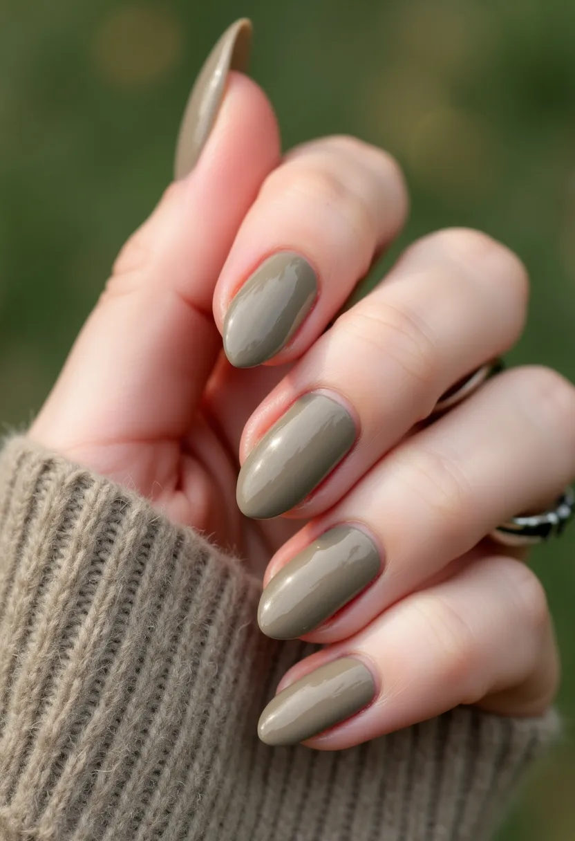 The nail design features a palette of muted olive green, resulting in a sophisticated and understated look. The nails are shaped in a rounded almond style, providing an elegant and elongated appearance. The polish has a glossy finish, indicative of either a gel or shellac treatment, which enhances durability and shine. This design does not include any intricate patterns or decorations, emphasizing simplicity and neatness. The chosen color and shape make these nails versatile and suitable for various seasons, with a particular resonance for autumn due to the earthy tone. The overall aesthetic is chic and minimalistic, perfect for everyday wear or professional settings.