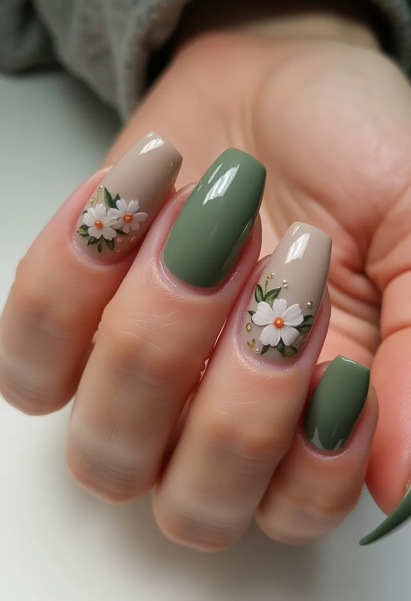 This nail design features a cohesive color palette of muted sage green and a soft, neutral beige. The nails are styled in a medium length with a square shape. Intricate floral patterns adorn two of the nails, showcasing delicate white daisies with orange centers and green leaves, adding a touch of nature-inspired elegance. The flowers are complemented by small decorative pearl accents. This manicure appears to utilize a gel or acrylic treatment, providing a glossy, polished finish. The design exudes a subtle yet sophisticated aesthetic suitable for seasonal spring themes or special occasions that call for a refined, earthy look.