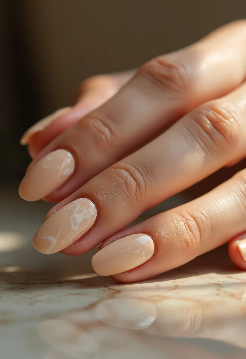 The nail design features an elegant and understated look achieved with a soft, nude color palette. The nails are almond-shaped, contributing to a modern and sophisticated appearance. The design includes a subtle marbled effect with white swirls, adding a touch of intricacy and uniqueness without overwhelming the simplicity of the nude base. This design seems to be achieved using gel treatment, given its smooth and glossy finish. The delicate marble pattern and neutral tones make this nail design versatile for both casual and formal settings, perfect for any season or special occasion.