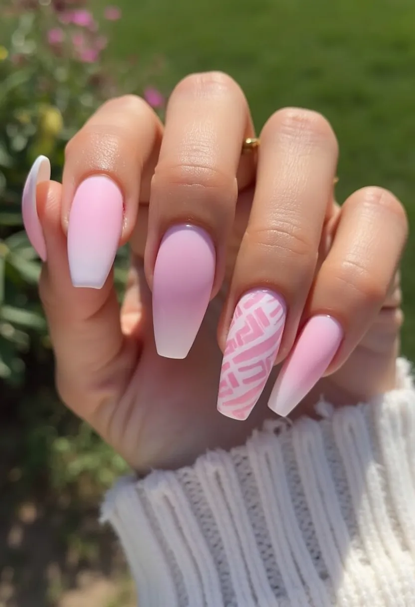 The nail design features a predominantly pink color palette with a gradient effect transitioning from a soft pink at the cuticle to a white tip, creating a stylish ombre look. The nails are shaped in a long coffin style, offering a modern and elegant appearance. The ring finger nail stands out with an intricate geometric pattern in white over a pastel pink background, adding a unique and artistic touch to the overall design. The smooth and glossy finish suggests a gel treatment, enhancing the durability and shine of the nails. This design is suitable for a variety of occasions, including spring or summer events, given its fresh and vibrant colors.