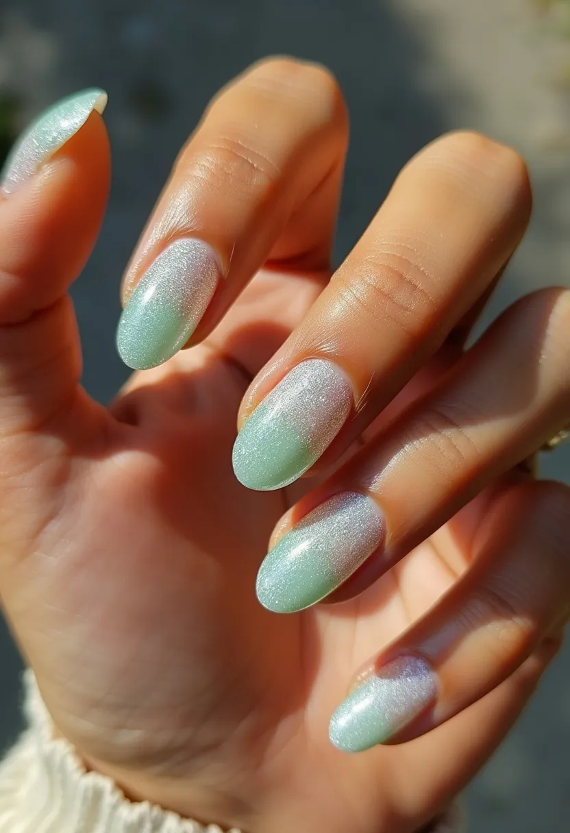 The nail design features an elegant ombre effect transitioning from a soft silver hue at the base to a pastel green towards the tips. The nails are shaped in a medium length almond form, providing a sophisticated and refined appearance. The finish appears to be a glossy gel, which enhances the smooth blend of colors, making them appear more vibrant. The gradient effect, combined with the subtle shimmer, gives the nails a delicate and ethereal look. The overall design exudes a fresh, spring-like feel, suitable for the season of renewal and growth.