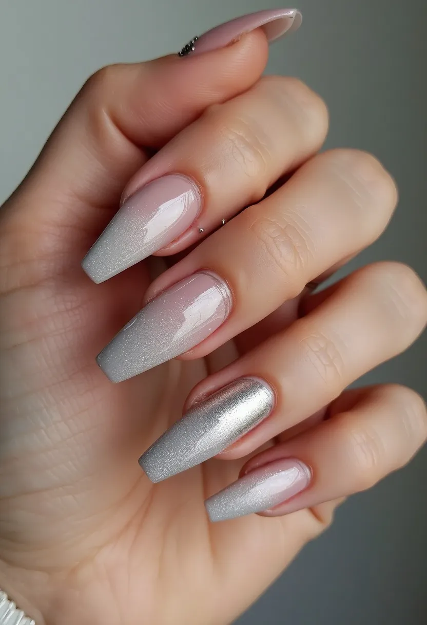 The nail design features long, coffin-shaped nails with a sophisticated and elegant palette of soft nude, pearlescent white, and metallic silver colors. The nails appear to have a smooth, high-gloss finish, suggesting either a gel or shellac treatment. An intricate ombre effect is visible on most nails, blending from a nude base into a shimmering white tip. One nail on each hand is distinctly accented with a striking metallic silver, adding a touch of glamour to the overall look. The design is simple yet chic, appropriate for special occasions or an elegant seasonal theme, such as winter.