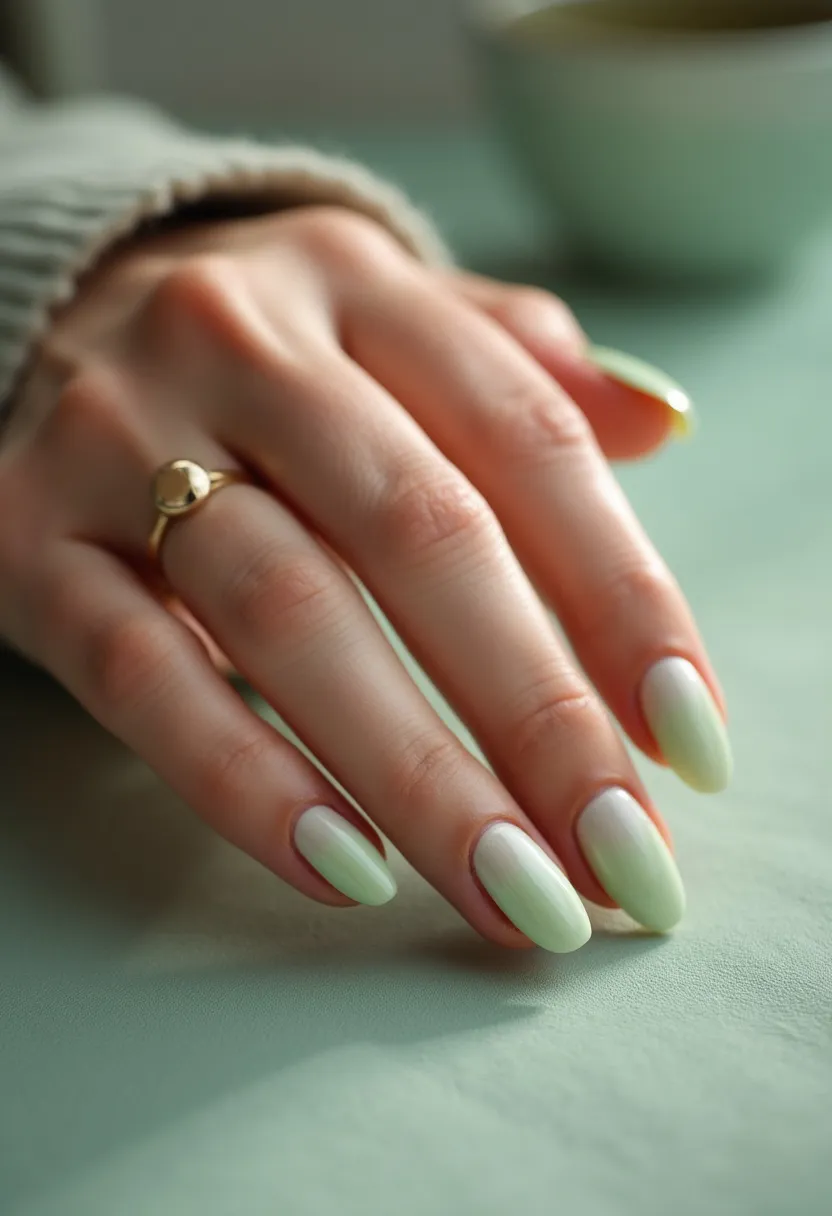 This nail design features a soft pastel green color palette with an ombre effect, gradually blending into a creamy white near the cuticles. The nails are shaped in an elegant almond style, providing a sophisticated and feminine look. The smooth and glossy finish suggests a gel nail treatment, which is known for its long-lasting and shiny results. There are no intricate patterns or additional decorations, but the gentle transition of colors adds a delicate and refined touch. The overall design is ideal for spring, reflecting fresh and airy vibes suitable for the season.