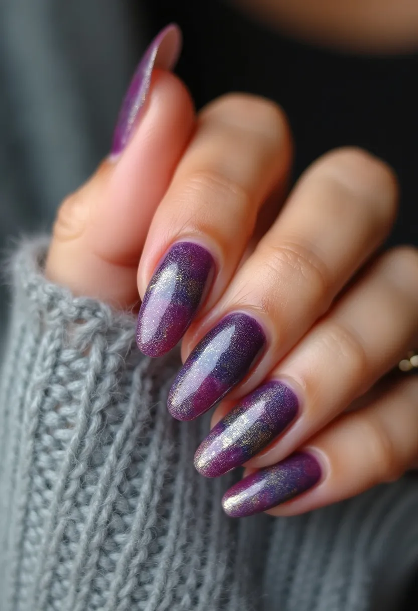 The nail design features a striking color palette dominated by deep, rich shades of purple with a shimmering metallic finish. The nails are medium-long and almond-shaped, providing an elegant and elongated look. The design appears to use gel or shellac treatment, showcasing a smooth, glossy surface that accentuates the multi-dimensional sheen. Intricate patterns including subtle, faint gradients and micro-glitter create a celestial, galaxy-like effect, making the nails appear as if they are sparkling. The choice of colors and shimmer suggests a sophisticated, glamorous appeal suitable for festive seasons or special occasions like evening events or holiday celebrations.