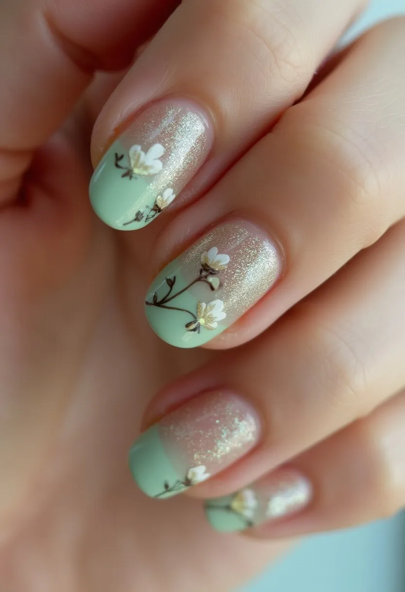 The nail design features a soft and elegant color palette with pastel green and a shimmering, translucent base. The nails are short to medium in length with a rounded shape. Intricate floral patterns decorate each nail, composed of delicate white blossoms with subtle brown stems, which stand out against the backdrop of the green and glittery base. The use of glitter adds a touch of glamour and catches the light beautifully. The design appears to have been achieved using a gel treatment, lending a smooth and glossy finish. This style has a fresh, spring-like quality, making it suitable for seasonal themes or special occasions such as weddings or garden parties.