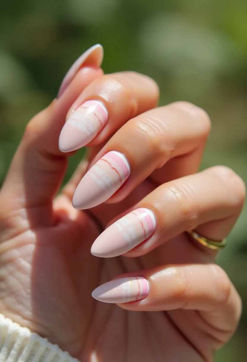 The nail design features a soft and elegant color palette dominated by light pink and white hues, evoking a delicate and serene aesthetic. The nails are shaped into an elongated almond form, adding a sophisticated and elongated appearance to the fingers. The intricate pattern consists of gentle, marbled waves incorporating slight gradients of pink and white, creating a subtle yet intricate effect across each nail. The treatment likely appears to be shellac, providing a smooth and glossy finish, ensuring durability and shine. This nail design is reminiscent of a spring or summer theme, characterized by its light and airy colors, making it perfect for a casual yet chic everyday look or special occasions during the warmer months.