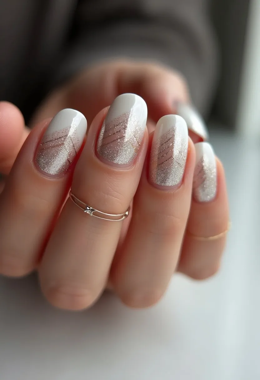 The nail design features a soft and elegant color palette primarily consisting of white and shimmering silver. The nails are medium-length and almond-shaped, providing a sleek and stylish look. The design incorporates a sophisticated gradient effect where the white base transitions into a glittery silver top. There are intricate silver diagonal stripes on the glittery part, adding a touch of geometric flair to the overall design. This appears to be a gel nail treatment, indicated by the glossy and smooth finish, ensuring longevity and a high-quality appearance. The design, with its shimmering silver and icy white shades, is perfect for a winter season theme or a festive special occasion.