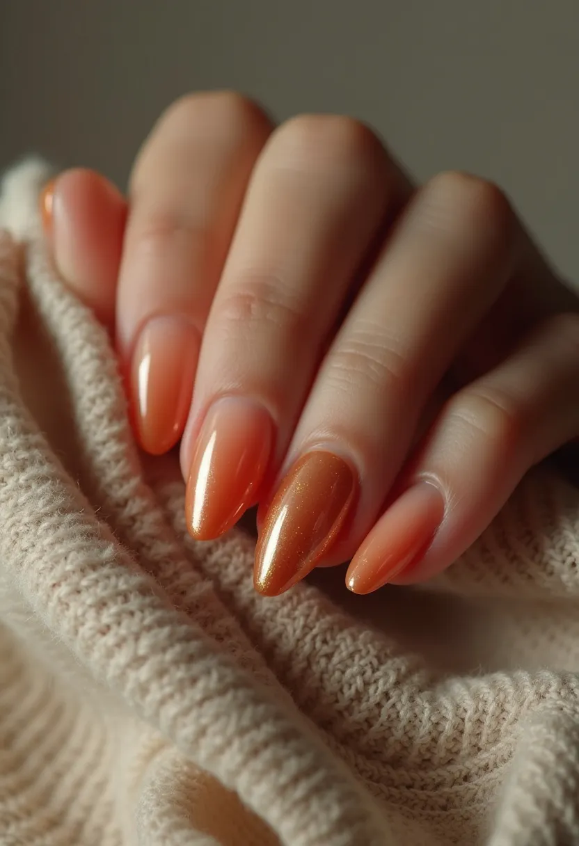 The nail design features a warm, gradient color palette ranging from deep orange to a shimmering golden hue. The nails are shaped into a stylish almond form, enhancing their elegant appearance. This design appears to be achieved using gel polish, as indicated by the smooth, glossy finish that is characteristic of this type of nail treatment. The shimmering effect adds a touch of luxury and sophistication to the overall look. The choice of colors and the subtle sparkle suggest an autumn theme, making this design perfect for celebrating the fall season. The absence of additional decorations keeps the design simple yet striking.