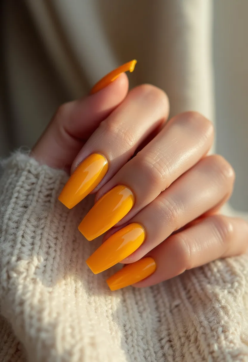 The nail design features a vibrant color palette with a prominent use of a bright, glossy orange shade. The nails are long and shaped in a squared-off, coffin style which offers a chic and modern look. The finish appears to be smooth and shiny, suggesting the use of gel treatment, which enhances the durability and brilliance of the color. The design lacks intricate patterns or additional decorations, making it a bold, minimalist statement. This choice of color and simplicity could be associated with summer or autumn themes due to the bright and warm tone of the orange, reflecting an energetic and upbeat style suitable for those seasons.