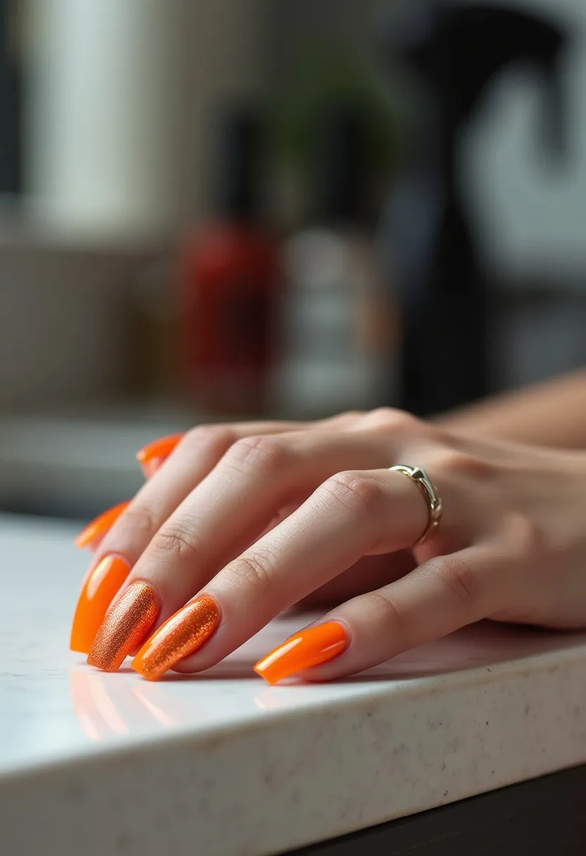 This nail design showcases beautifully manicured nails painted in a bold and bright orange color palette. The nails are long and have a square shape with defined edges. The ring finger features an intricate glittery finish, adding a touch of sparkle and contrast to the overall look. The type of nail treatment appears to be a gel manicure, given the high-gloss finish and durability indicated by the smooth, unchipped appearance. This vibrant and eye-catching design is perfect for a summer or fall theme, possibly aligning with occasions such as Halloween or harvest festivals, making a striking statement.