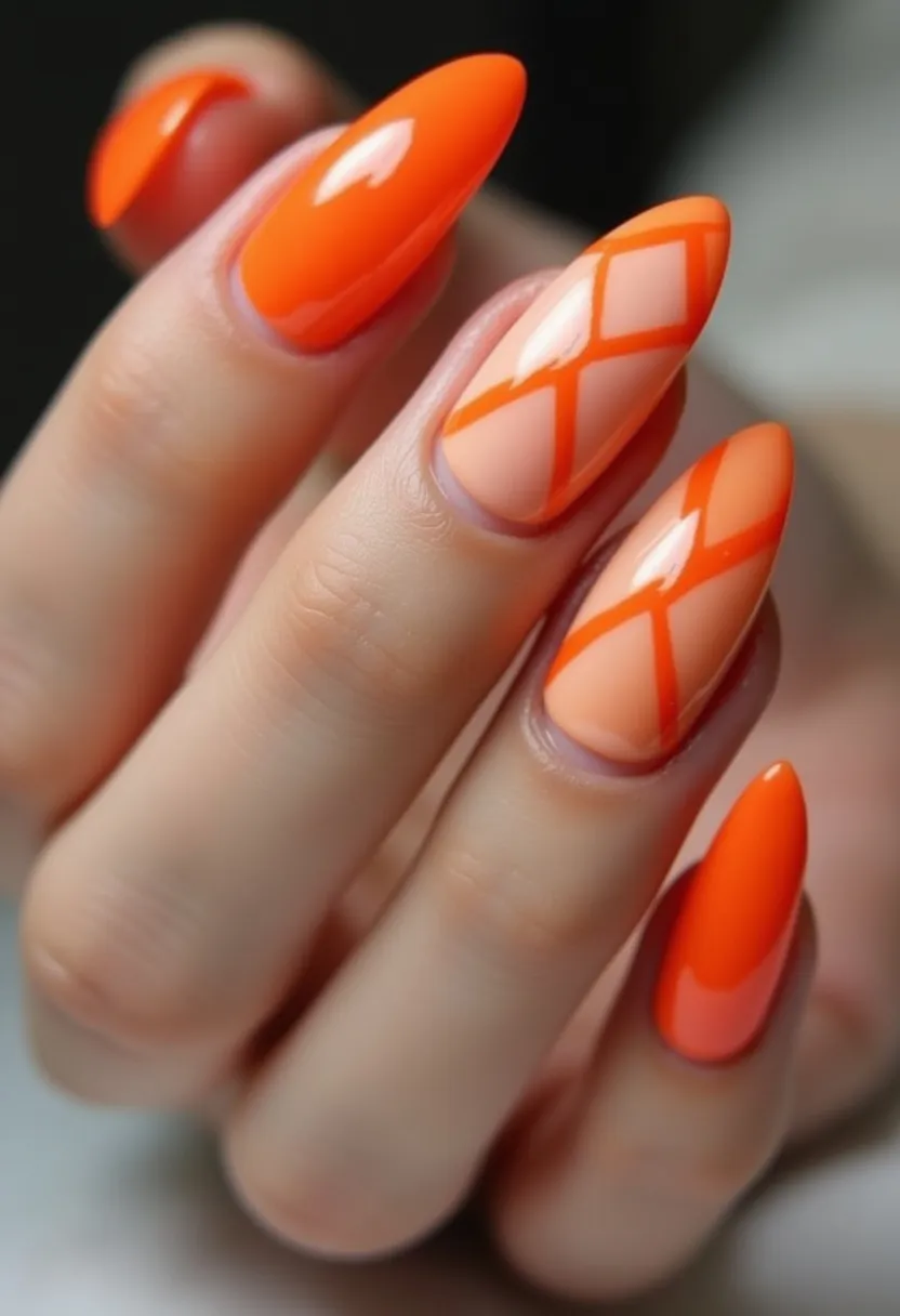 The nail design features a vibrant color palette dominated by a bold and eye-catching orange. The nails are shaped in a modern and elegant almond style, which enhances the overall sophisticated look. Two of the nails showcase an intricate pattern with a nude base crisscrossed by striking orange lines, creating a diamond-shaped lattice effect. The rest of the nails are solid orange, contributing to a cohesive and bright aesthetic. The nails appear to be treated with a gel or shellac finish, providing a high-shine, glossy appearance that suggests durability and a polished look. The design and color choice reflect a lively, summery theme, perfect for sunny seasons or festive occasions.