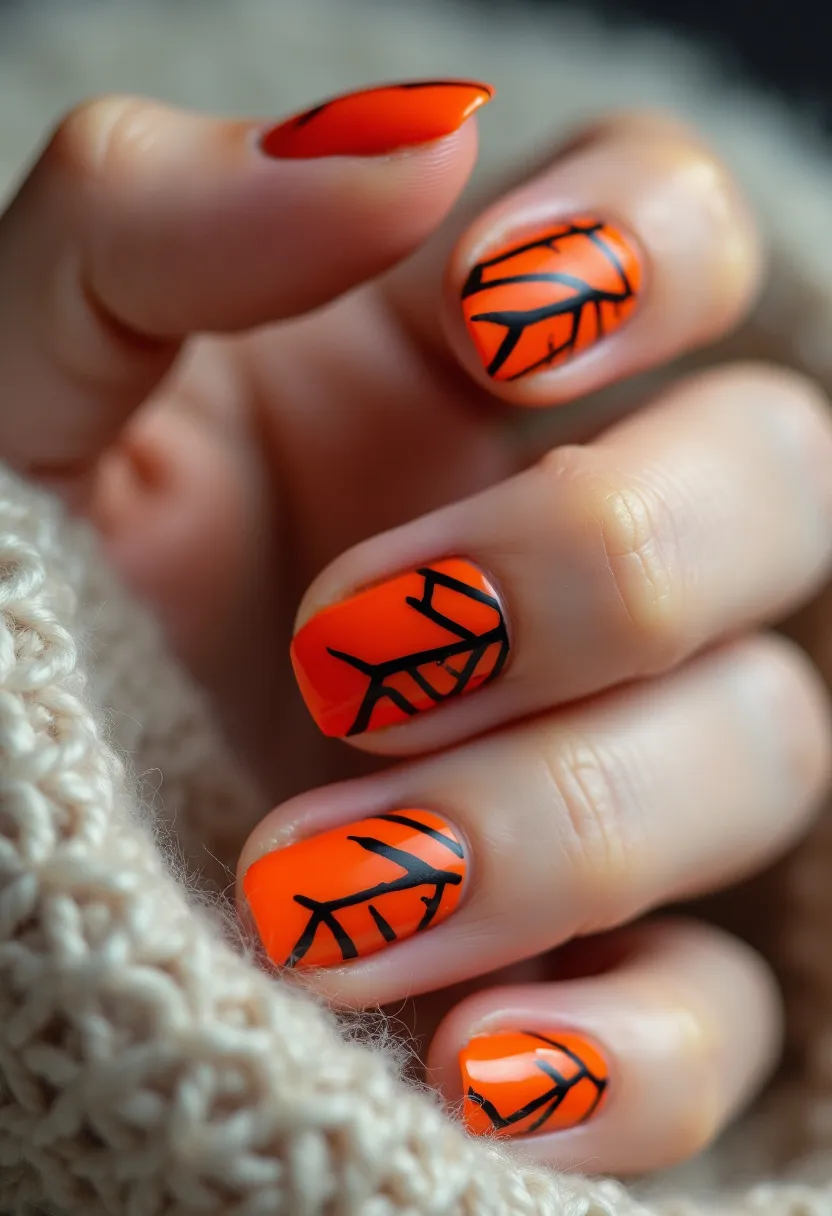 The nail design features a vibrant orange base color with black, tree branch-like patterns artfully painted on top, creating a striking contrast. The nails are shaped in a short, rounded style, which complements the bright and detailed design. The intricate black lines are precise and sharp, suggesting a possible gel manicure that provides a smooth and glossy finish, enhancing the intensity of the orange. This design could be suitable for fall season, particularly around Halloween, due to the evocative colors and pattern that mimic autumn leaves or spooky, shadowy branches. The overall look is bold and eye-catching, perfect for making a statement.