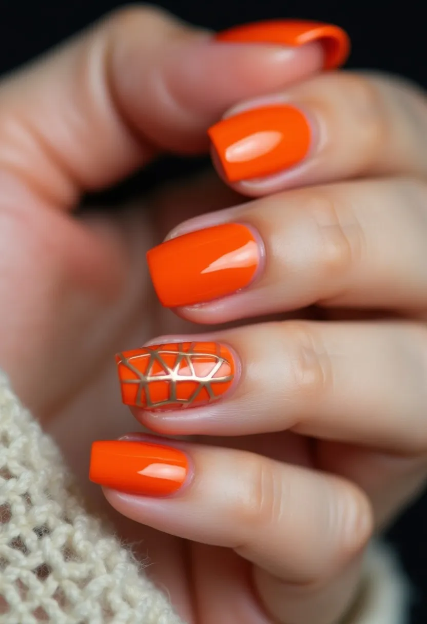 The nail design displays a vibrant orange color palette, which is striking and attention-grabbing. The nails are of a medium to long length and are shaped in a square or square-oval form. The design is primarily monochromatic, with the ring finger featuring an intricate geometric pattern, utilizing metallic lines to create a modern and stylish look. This particular nail art appears to use a gel treatment, given the glossy and smooth finish that is typical of gel nails. The use of the bright orange shade suggests a seasonal theme suitable for autumn or Halloween, adding a unique touch to the overall design with the geometric pattern serving as a focal point and distinguishing detail.