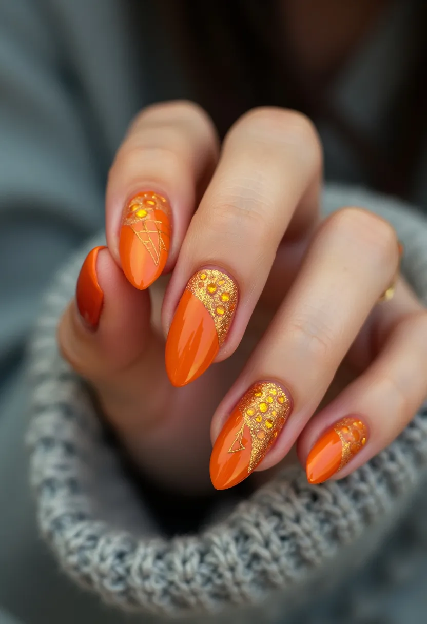 The nail design showcases a vibrant orange and gold color palette, creating a striking contrast. The nails are shaped into a rounded almond form, providing an elegant look. Intricate geometric patterns and decorations are present, with gold glitter accents and small, round embellishments adding a touch of sophistication. The design also includes delicate gold lines forming triangular shapes, enhancing the overall aesthetic. These nails appear to be a gel treatment, ensuring a smooth and glossy finish. The warm and bold colors hint at a seasonal autumn theme, making this design perfect for fall festivities or special occasions around that time of year.