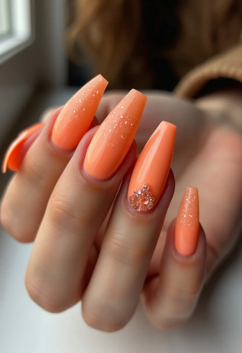 The nail design features a vibrant orange color palette that is both eye-catching and lively, perfect for a spring or summer theme. The nails are shaped in a sharp, tapered square, which adds a modern and chic appearance. The nail treatment appears to be done with gel, given the high-gloss finish and the smooth, even application. Intricate patterns are seen on the ring finger, which is adorned with decorative rhinestones arranged in a circular pattern, adding a touch of elegance and sophistication. Additionally, some nails exhibit a gradient glitter effect that enhances the overall festive and celebratory vibe of the design.