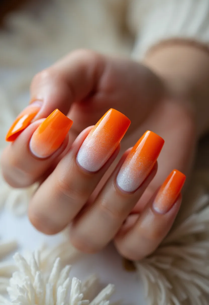 The nail design features a square-shaped manicure with a vibrant orange to pearly white ombre gradient. The color palette includes bright orange transitioning smoothly into a shimmering white, creating a striking visual effect that suggests a sunset or autumn theme. The nails appear to be treated with gel polish, known for its glossy finish and durability. The ombre effect is blended seamlessly, showcasing a skilled application technique. The design’s vibrant yet warm hues make it suitable for seasonal themes like summer or fall, adding a bold, festive touch perfect for special occasions.