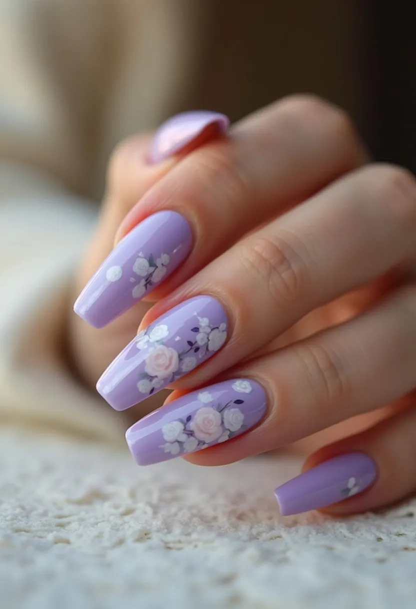 This nail design features a delicate and feminine aesthetic characterized by a soft lavender color palette. The nails are shaped into a tapered, coffin style, providing an elegant elongation of the fingers. Intricate floral patterns with white and pink roses adorn the nails, enhancing the overall graceful appeal. The fine detailing of the flowers is complemented by small green leaves, adding a realistic touch to the design. This particular nail art appears to be a gel or shellac treatment, given the high gloss finish and durability it radiates. The seasonal theme suggests a spring or blossoming garden vibe, making it suitable for special occasions such as weddings, garden parties, or Easter celebrations.