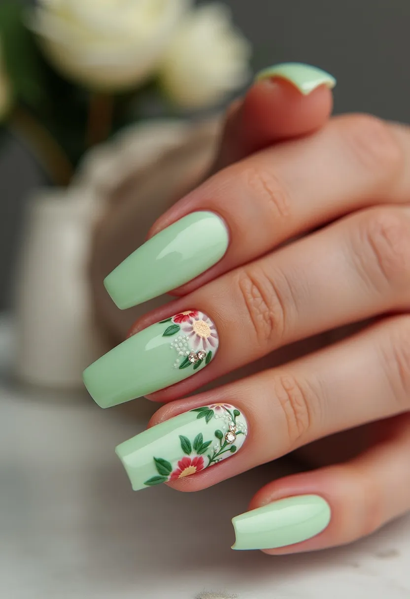 The nail design features a soft mint green color palette, which is both refreshing and spring-inspired. The nails are shaped into a medium-length square with slightly rounded edges, providing a modern yet practical look. Intricate floral patterns adorn some of the nails, showcasing delicate flowers in shades of white, yellow, and pink, complemented by green leaves and small rhinestone accents that add a touch of sparkle. This design likely uses gel polish for its lustrous finish, ensuring longevity and resilience. The floral decorations are meticulously hand-painted, further enhanced by subtle embellishments, making this manicure ideal for springtime or special occasions such as a garden party or a wedding.