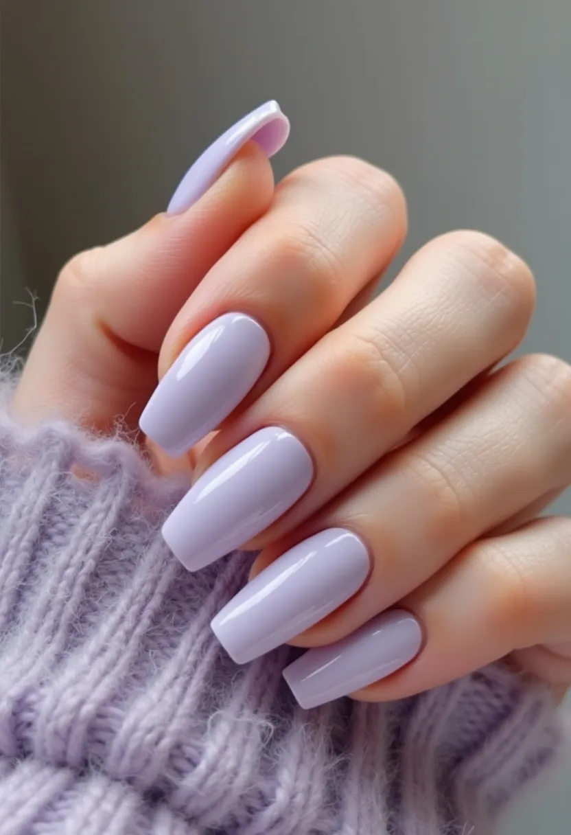 The nail design features a sleek and elegant look with a lavender color palette. The nails are shaped in a long coffin style, providing a sophisticated and elongated appearance. The polish application appears to be smooth and glossy, likely indicating a gel or shellac treatment that offers a high shine and durability. This monochromatic design lacks intricate patterns or decorations, emphasizing the beauty of the solid color. The soft pastel hue of lavender evokes a spring theme, making it perfect for seasonal occasions such as Easter or a springtime event. The overall style is refined and understated, suitable for both casual and more formal occasions.