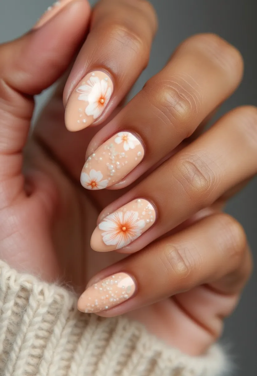 The nail design features an almond nail shape with a soft, peach-colored base. The nails are adorned with intricate white floral patterns and small, delicate white dots, suggesting a feminine and elegant style. The flowers have fine details with orange centers, giving the design a lively and fresh touch. This look might be achieved using gel polish, as it provides a glossy and smooth finish that complements the detailed artwork. The theme leans towards a spring or summer season, as indicated by the floral motifs and light color palette, making it suitable for those seasons or special occasions such as weddings or garden parties.