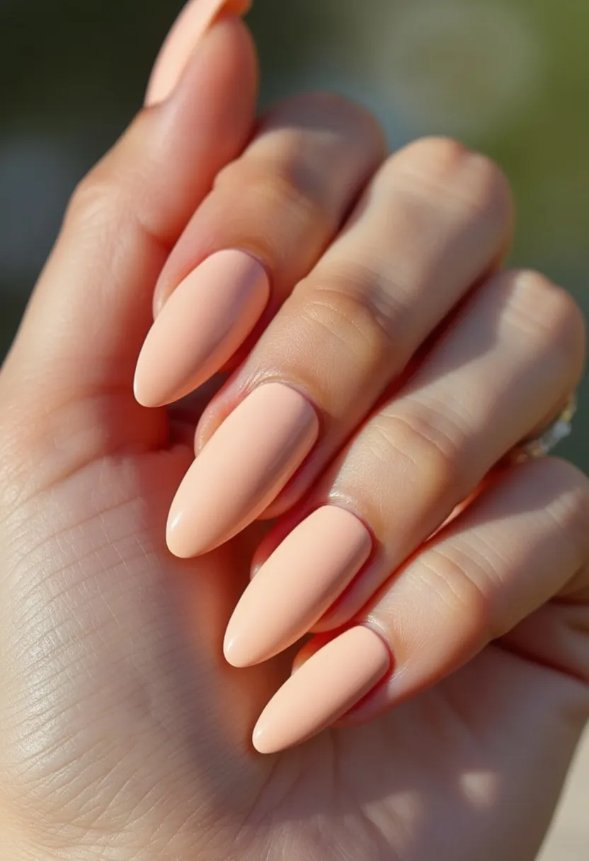 The nail design features an elegant, soft pastel peach color palette, perfect for a clean and sophisticated look. The nails are shaped in a stiletto style, which gives them a sharp, elongated appearance. The finish appears smooth and glossy, indicating a high-quality gel or shellac treatment to ensure durability and a lustrous shine. There are no intricate patterns or decorations, emphasizing the simplicity and timeless elegance of the design. This versatile and polished nail style is suitable for various seasons and can be worn for any special occasion, offering a refined and understated aesthetic.