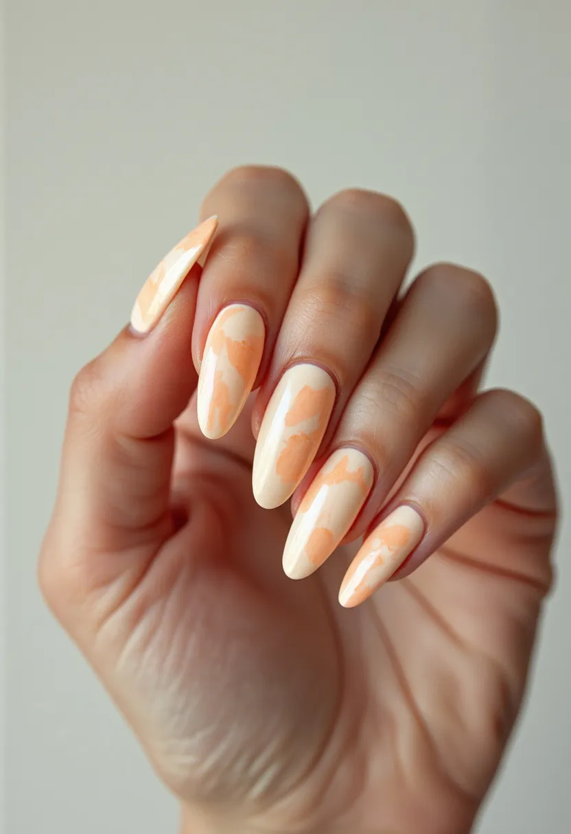 The nail design showcases a sophisticated and elegant appearance with almond-shaped nails. The color palette predominantly features a creamy base color, accented with soft orange watercolor-like patterns delicately painted on each nail. These intricate patterns create a gentle, artistic flow that adds a unique charm to the overall design. The nails have a glossy finish that suggests a gel or shellac treatment, giving them a polished and smooth look. The subtle orange shades and the elegant pastel tones make this design particularly suitable for spring or summer, evoking a fresh and vibrant seasonal theme. The meticulous attention to detail and the refined color scheme suggest a design perfect for special occasions, offering a blend of simplicity and elegance.