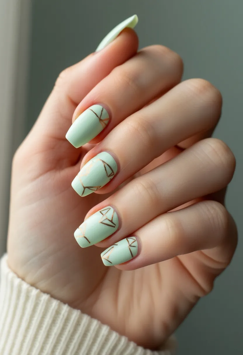 The nail design features a pastel green color palette with a matte finish, creating a soft, soothing look. The nails are shaped into a squared-off almond, providing a modern and elegant appearance. Delicate, gold geometric lines embellish each nail, adding a subtle yet intricate pattern that enhances the overall aesthetic. This design likely involves the use of gel polish for its smooth and vibrant finish. The gold geometric details give the design a contemporary and stylish touch, suitable for both casual wear and special occasions. The fresh and muted green color paired with gold accents makes this nail art perfect for spring or summer seasons.