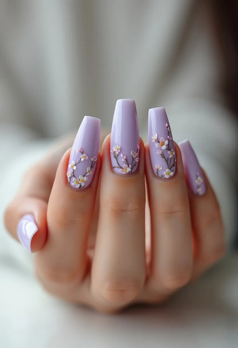 This nail design features a palette dominated by a soft lavender hue, providing a delicate and feminine touch. The nails are sculpted in a long, coffin shape, which adds an element of elegance and sophistication to the look. Intricate floral patterns embellish each nail, incorporating delicate blossoms in white and pink with fine, subtle green stems and leaves, creating a beautifully detailed contrast against the lavender base. The application appears to be a gel treatment, providing a glossy, vibrant finish that highlights the meticulous artistry. This design exudes a springtime or floral-themed ambiance, making it ideal for a seasonal celebration or any special occasion emphasizing grace and style.