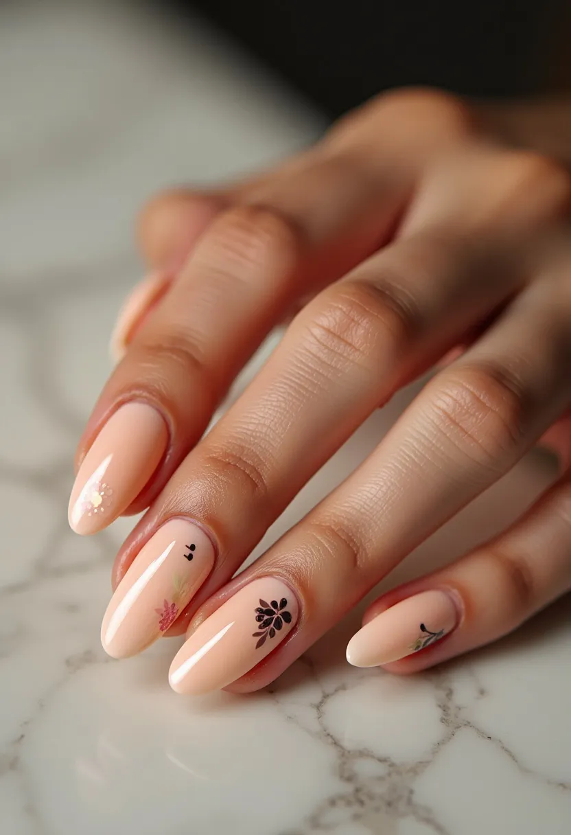 The nail design features a subtle and sophisticated palette of nude or light peach tones, creating an elegant and understated base color. The nails are almond-shaped, adding to the refined look of the design. Intricate black floral patterns adorned with delicate small leaves are evident, providing an artistic contrast against the muted background color. There are also subtle hints of glitter and possibly faint hints of pastel-colored elements, contributing a touch of sparkle and charm. The nail treatment appears to be gel, as indicated by the shiny and smooth finish. The design combines simplicity with intricate detailing, making it suitable for seasonal transitions like spring or special events like weddings and parties.