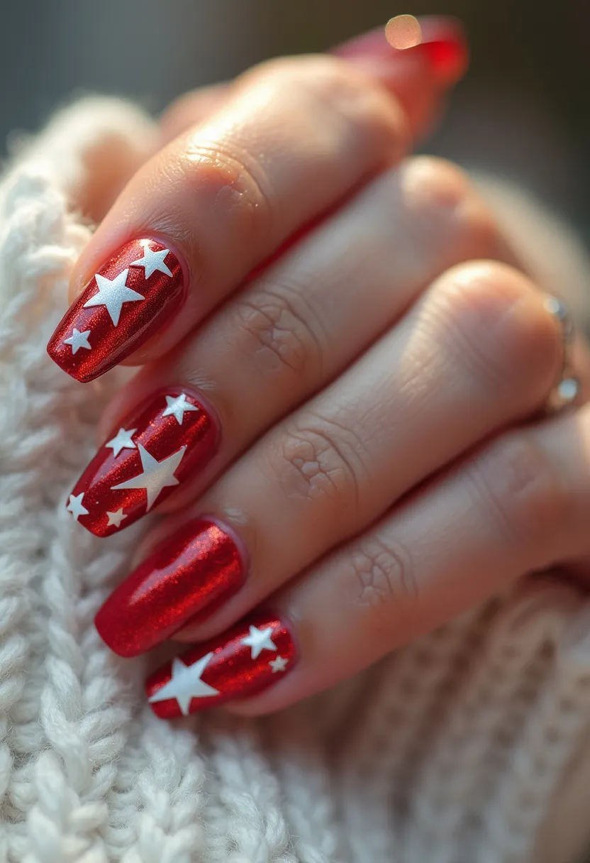 The nail design showcases a striking color palette dominated by a vibrant, shimmery red base that's perfect for making a bold statement. The nails are shaped into a long, squared-off style, providing ample space for decorative elements. Intricate white star patterns of varying sizes adorn each nail, adding a playful yet elegant touch that stands out against the red background. This design likely utilizes gel nail polish to achieve the glossy, high-shine finish and durable wear. The star motifs give the nails a festive feel, making them suitable for celebratory occasions such as New Year's Eve or patriotic events. The combination of vivid color and eye-catching design ensures these nails are a standout feature.