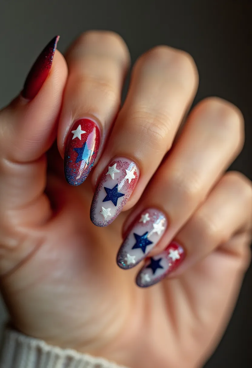 The nail design features a patriotic and festive theme, prominently using a color palette of red, white, and blue. The nails are almond-shaped, showcasing a smooth and elongated form. The base colors of the nails incorporate gradients and sparkles, with red concentrated near the cuticle blending into blue towards the tips. Decoratively, the nails are adorned with star patterns in contrasting colors; white and blue stars are scattered across the red and glittering background. The nail treatment appears to be a gel manicure, providing a glossy and durable finish. This design is likely intended for national holidays or events, embodying a celebratory and spirited ambiance.