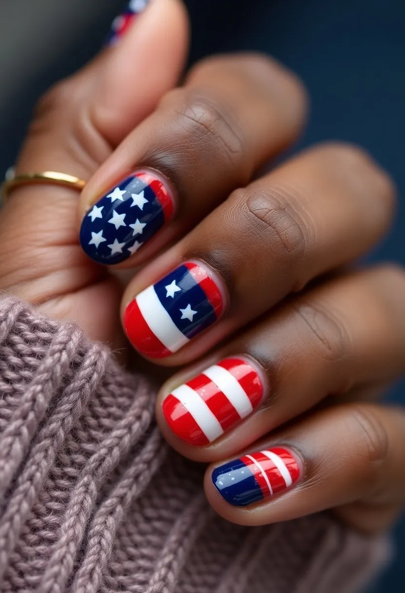 The nail design features a patriotic theme utilizing a color palette of red, white, and blue. The nails are medium-length with a rounded shape. Each nail is adorned with intricate patterns reflecting an American flag motif; some nails showcase white stars on a blue background, while others exhibit red and white stripes. The nail art appears to be executed using gel polish, ensuring a glossy and smooth finish. This design is likely intended for a national holiday like the Fourth of July, with its vibrant colors and patterns symbolizing the American flag.