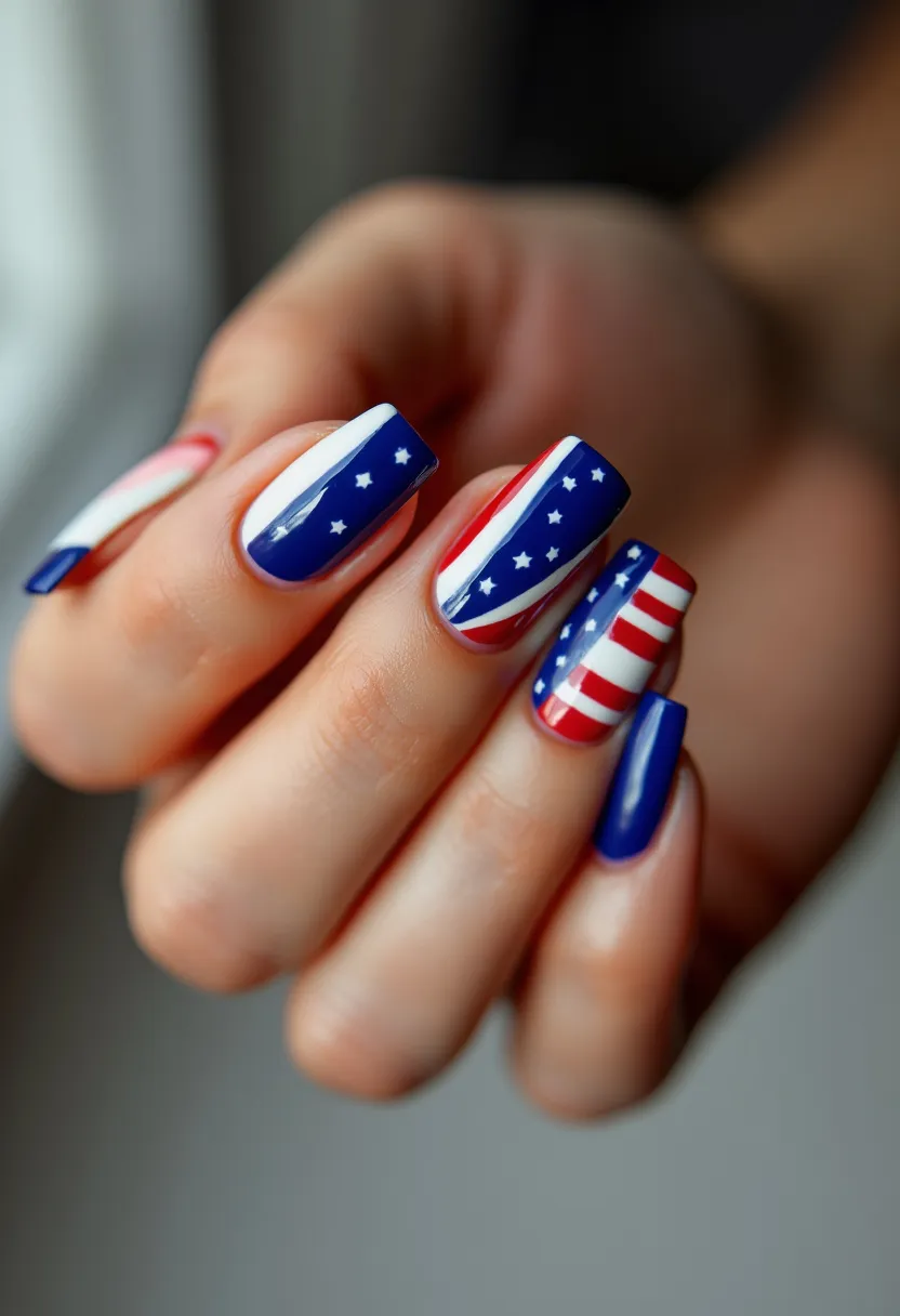 The nail design features a patriotic theme with a color palette of red, white, and blue. The nails are painted using gel treatment showcasing a combination of vertical and horizontal stripes, and evenly spaced stars. The nail shapes are elongated and squared-off at the tips. Details include alternating patterns reminiscent of a national flag, with one nail primarily blue with white stars, while others alternate red and white stripes with blue sections. The design is uniform and polished, embodying the essence of a festive American celebration, possibly for a national holiday like Independence Day or Memorial Day.