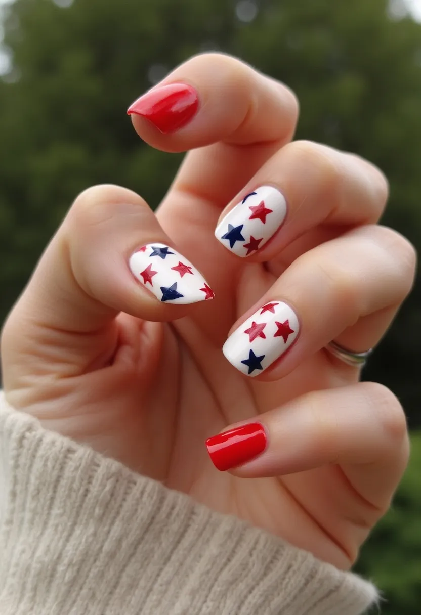 This nail design features a patriotic color palette with red, white, and blue accents. The nails are short and square-shaped, providing a neat and modern look. The design alternates between plain red nails and white nails adorned with blue and red star patterns, creating a festive and celebratory appearance. The stars are evenly spaced and varied in color, adding an interesting and playful detail to the nails. The nail treatment appears to be gel, giving a glossy and smooth finish that enhances the vibrancy of the colors. This design is especially suitable for national holidays or special events that call for displaying patriotism.