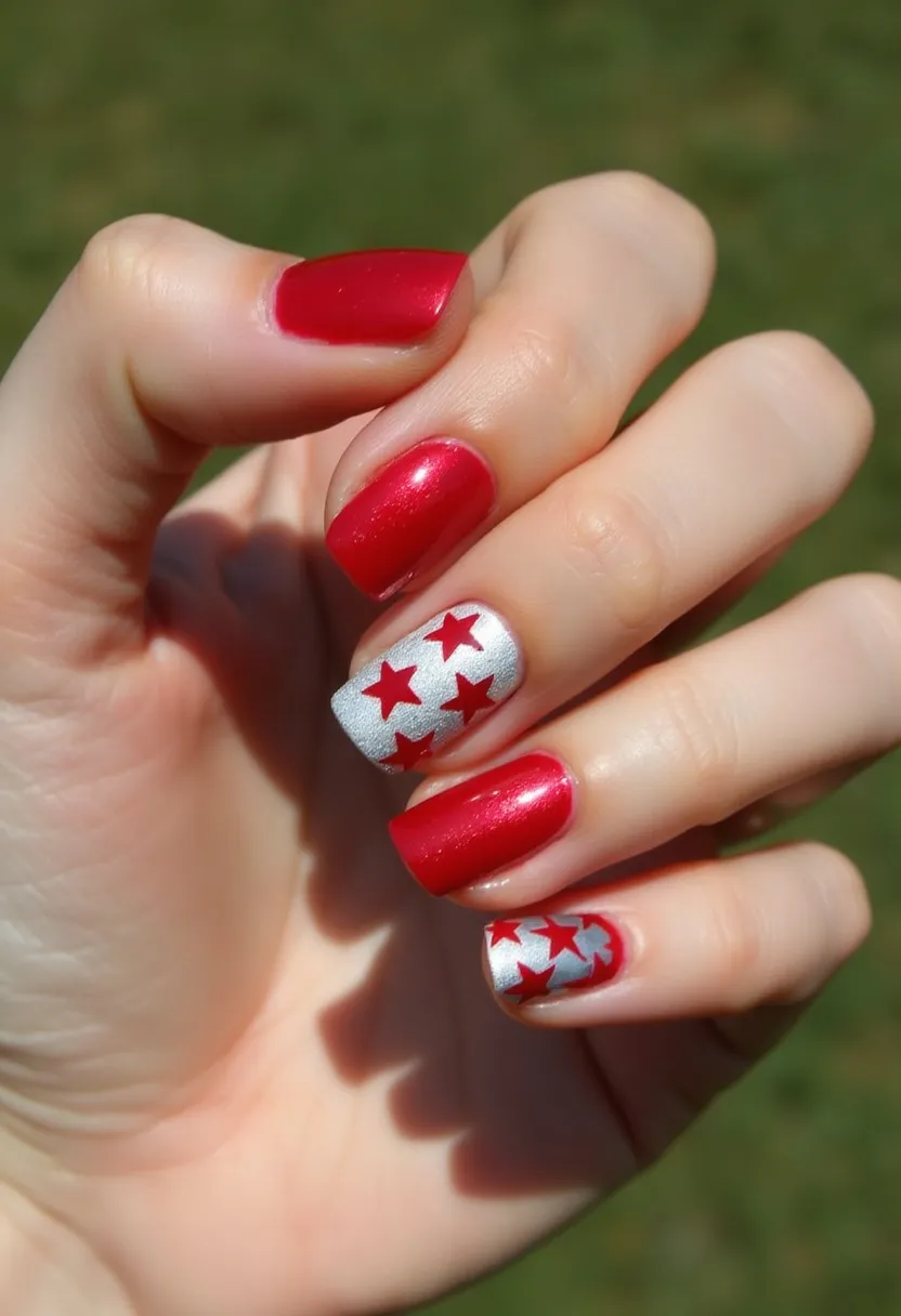 The nail design features a vibrant and festive color palette dominated by red and silver. The nails are shaped in a short, squared style. The majority of the nails are painted with a glossy red polish, creating a bold and classic look. Additionally, accent nails are adorned with a silver base and red star patterns, adding an intricate and lively touch to the design. This combination of colors and patterns suggests a possible gel or shellac treatment, offering both durability and shine. The overall theme of the manicure hints at a celebratory occasion, perhaps suitable for holidays or patriotic events.