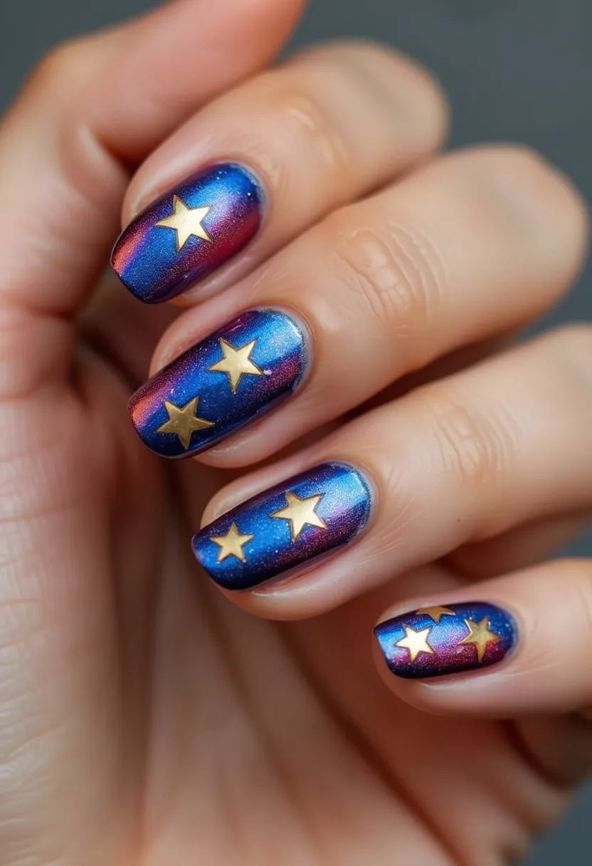 The nail design showcases a striking gradient palette featuring a mix of deep blue and subtle hints of purple hues, creating a night sky effect. The nails are medium-length and sport a squoval (square oval) shape. Each nail is adorned with golden star-shaped decorations, adding a touch of sparkle and thematic consistency. The nail treatment appears to be a gel application, given the glossy and smooth finish that highlights the vibrant colors and star embellishments. This design has a celestial theme, making it a potential choice for special occasions like New Year's Eve or celebratory events that call for a glamorous and festive appearance.