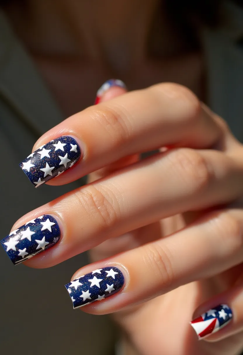 The nail design showcases a patriotic theme featuring a dark blue color palette accented with white stars, reminiscent of the American flag. The nails are medium-length and have a square shape. The intricate pattern includes alternating white stars on a blue background on most nails, while one nail features a combination of red and white stripes alongside the blue and stars, creating a cohesive yet varied look. The finish is likely achieved with a gel treatment, providing a glossy and durable appearance. This design is ideal for national holidays such as Independence Day or Memorial Day, highlighting both a festive and celebratory tone.