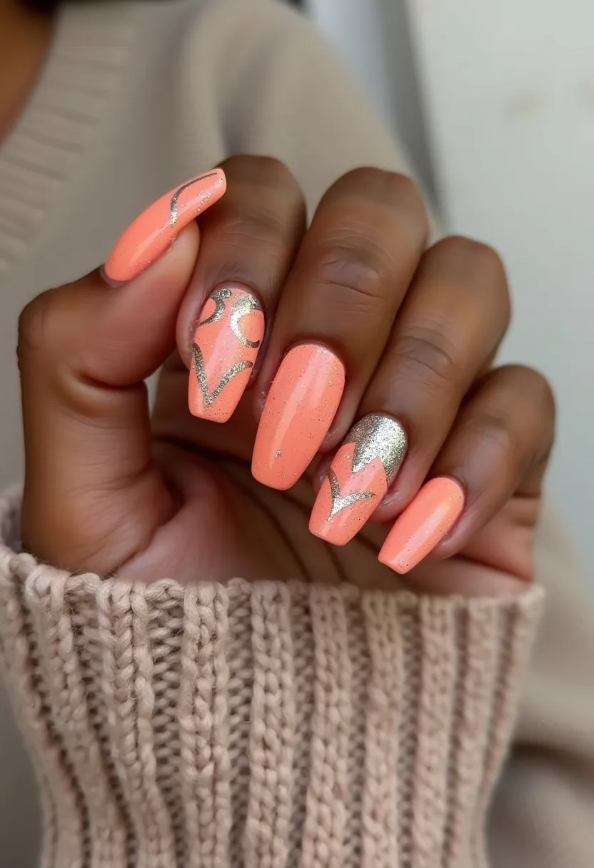 The nail design displayed features a vibrant, peach-colored palette with shimmering accents, suggesting a cheerful and summery feel. The nails are shaped in a long, almond style, enhancing the elegance of the design. Intricate silver glitter patterns and details are skillfully incorporated, including abstract swirls, dots, and chevron shapes that complement the base color and add a touch of sophistication. The combination likely employs a gel treatment for its glossy and durable finish. This design is perfect for special occasions or celebrations during the spring or summer seasons, offering a pop of color and intricate artistry.