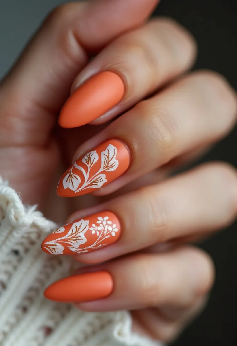 The nail design showcases a vibrant orange color palette with a matte finish, likely achieved through a gel treatment. The nails are shaped into a medium-length almond style, providing an elegant and refined look. Intricate white floral patterns adorn the middle and ring fingernails, adding a decorative touch that contrasts beautifully with the solid orange base. These detailed floral designs, featuring leaves and small flowers, give the nails a delicate and sophisticated appearance suitable for the spring or summer season. The simplicity of the single-tone color combined with the detailed white artwork elevates the overall aesthetic, making it appropriate for both casual and formal occasions.