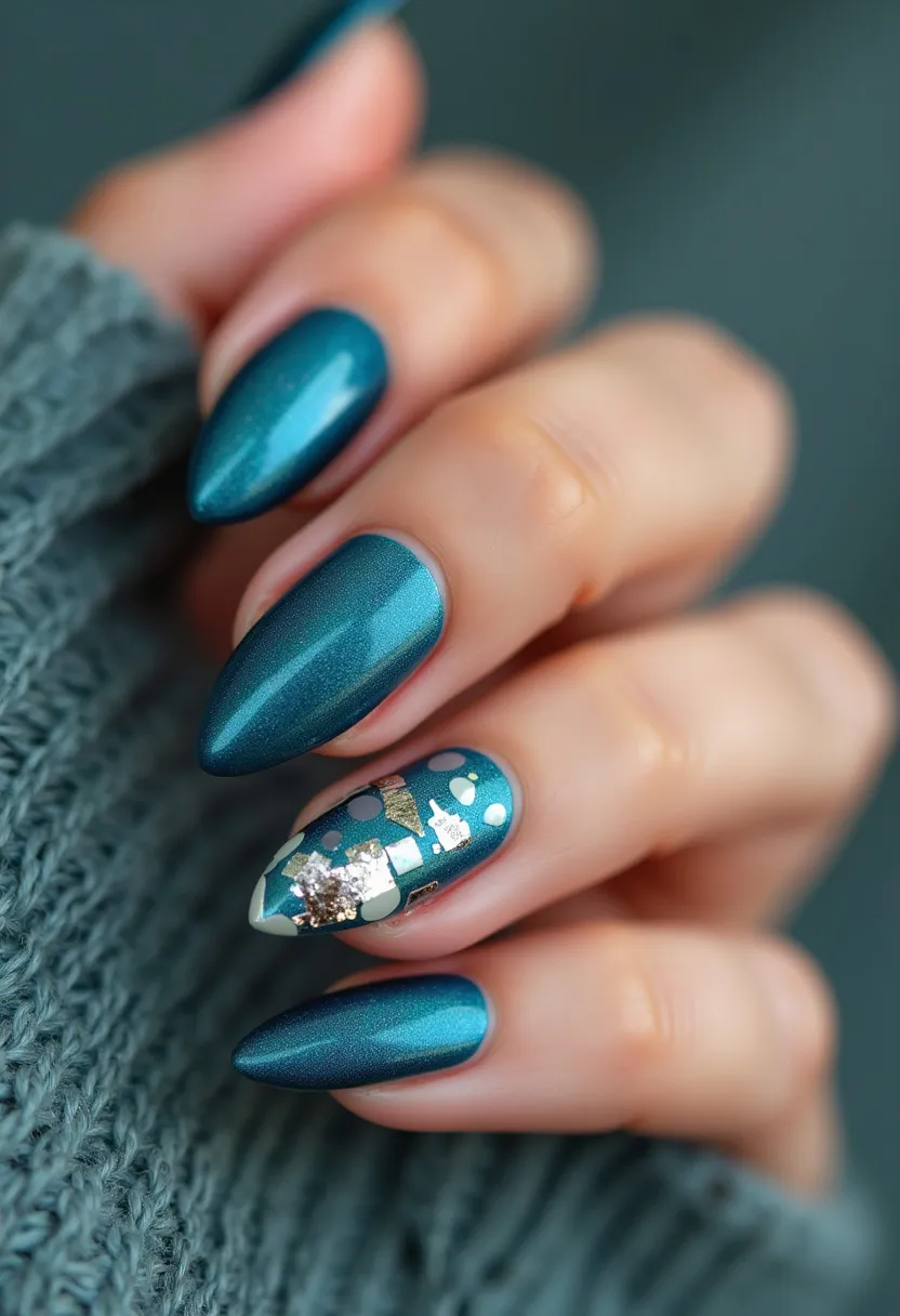 The nail design showcases a captivating color palette primarily centered around a rich, metallic teal. The nails are shaped in a pointed almond style, giving them an elegant and sharp look. Most of the nails feature a smooth, glossy texture suggestive of a gel or shellac treatment. One accent nail stands out with intricate decorations that include geometric patterns and abstract shapes in lighter teal and pale beige hues. Additionally, the accent nail has scattered metallic foil pieces adding a sophisticated, eye-catching detail. This design has a wintry, festive vibe, making it suitable for special occasions during the colder months.