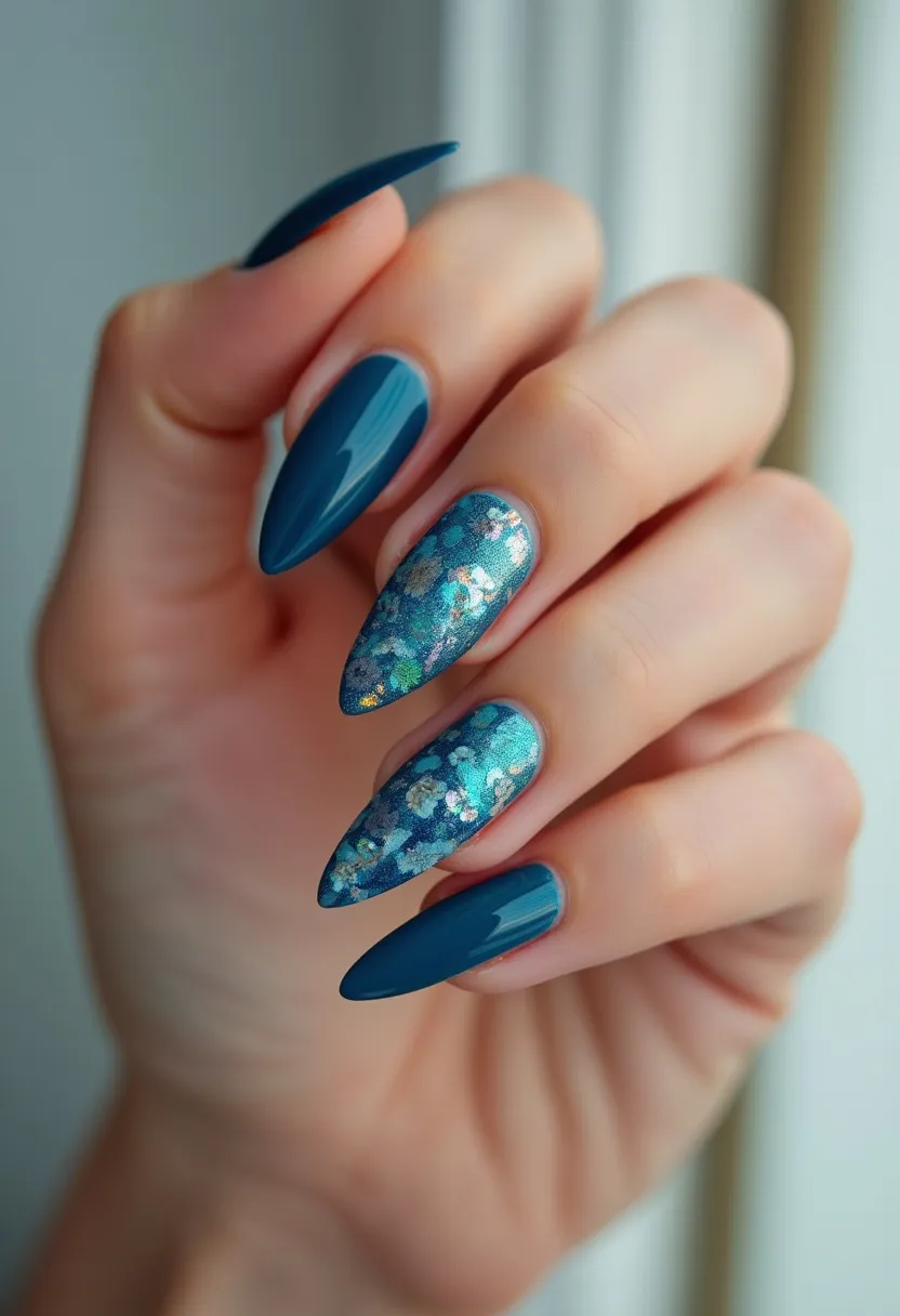 This nail design features a striking and elegant look with a combination of deep ocean blue and shimmering silver leaf patterns. The nails are styled in an almond shape, adding a sophisticated touch. The color palette includes a rich blue base for most of the nails, with accent nails adorned with intricate, sparkly holographic patterns that resemble underwater scenes or a starry night. These patterns give a sense of depth and texture to the design. The type of nail treatment appears to be gel, as indicated by the high gloss finish and durable look of the nails. This design could be ideal for seasonal themes such as winter due to the cool color tones and reflective elements, or for special occasions that call for a touch of glamour and elegance.