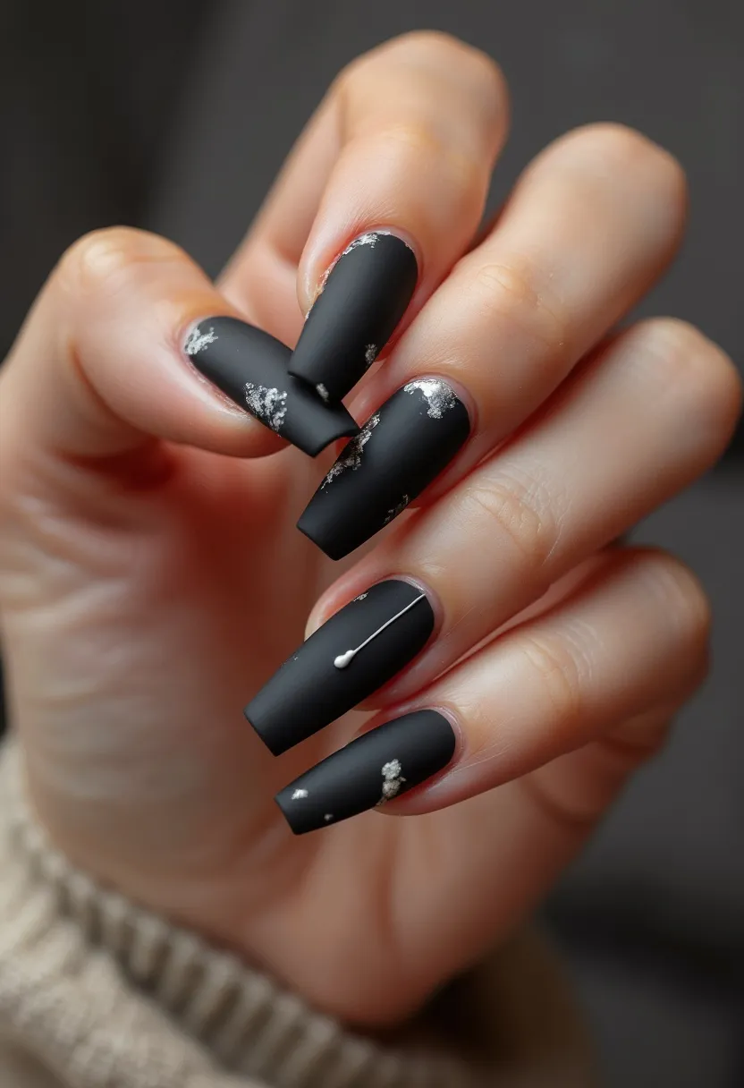 This nail design features a matte black color palette that exudes elegance and sophistication. The nails are shaped in a long coffin style, offering a sleek and modern look. The design incorporates intricate patterns with silver foil accents and delicate white linework, adding a touch of glamour and artistry to the overall look. The treatment used appears to be gel, providing a smooth and durable finish. This design could be suitable for a chic evening event or a winter-themed occasion, thanks to its dark tones and sparkle. The combination of matte black with metallic and white elements creates a striking contrast that makes the nails stand out beautifully.